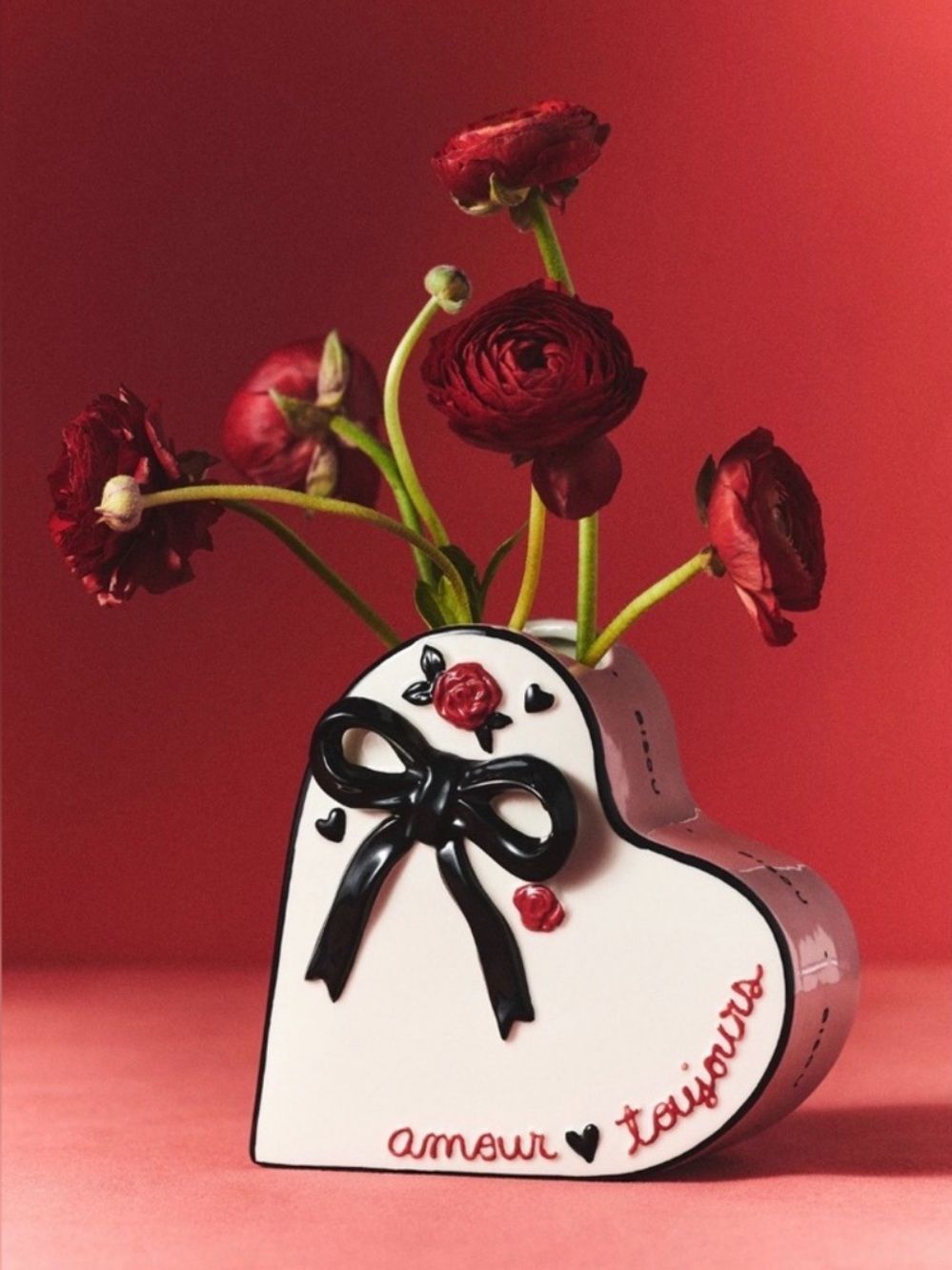 Anthropologie Pink White Black Amour Ceramic Heart Shaped Vase